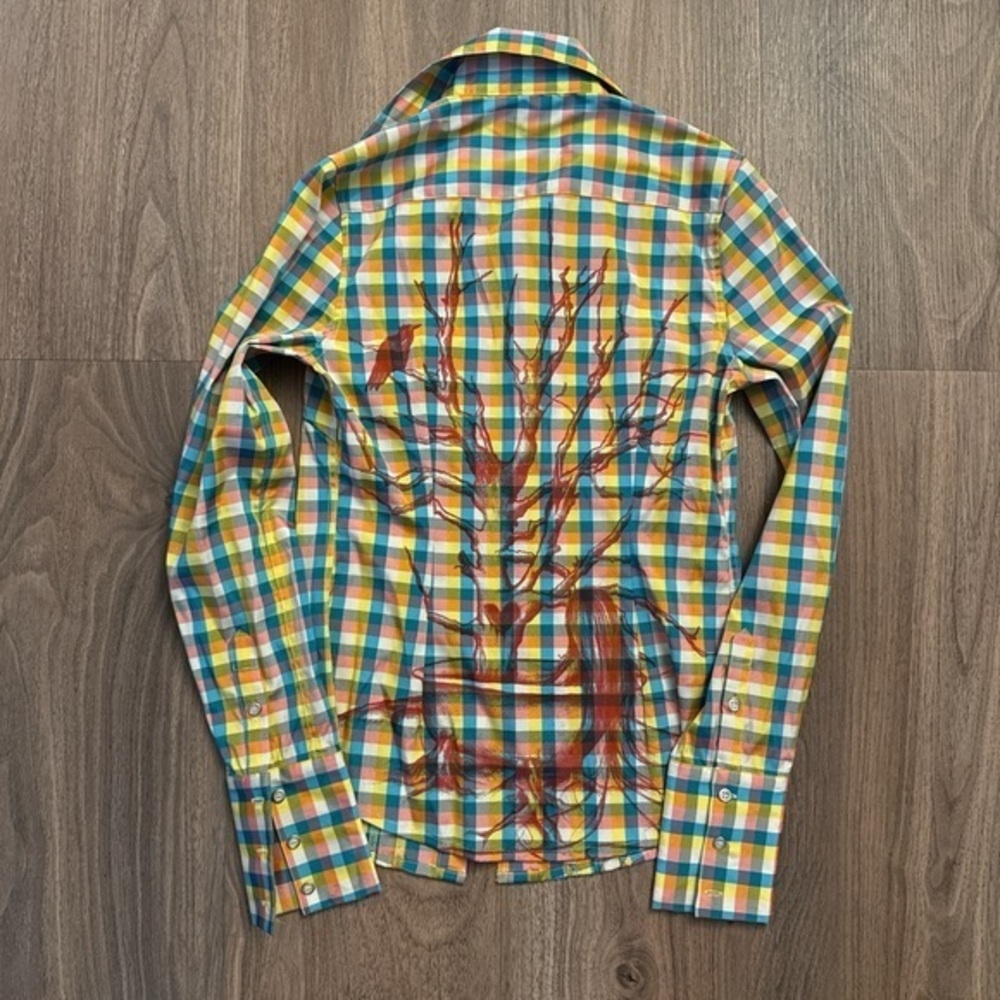 Nuvula Multicolor Checkered graphic back "deer" button-down top size small